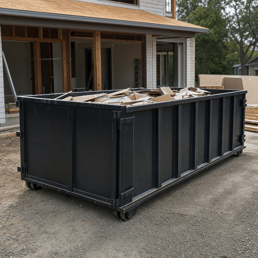 Large matte-black 30-yard construction roll-off dumpster at an active Snoqualmie jobsite, steel-gray top rails and bottom rollers visible, loaded with construction debris.