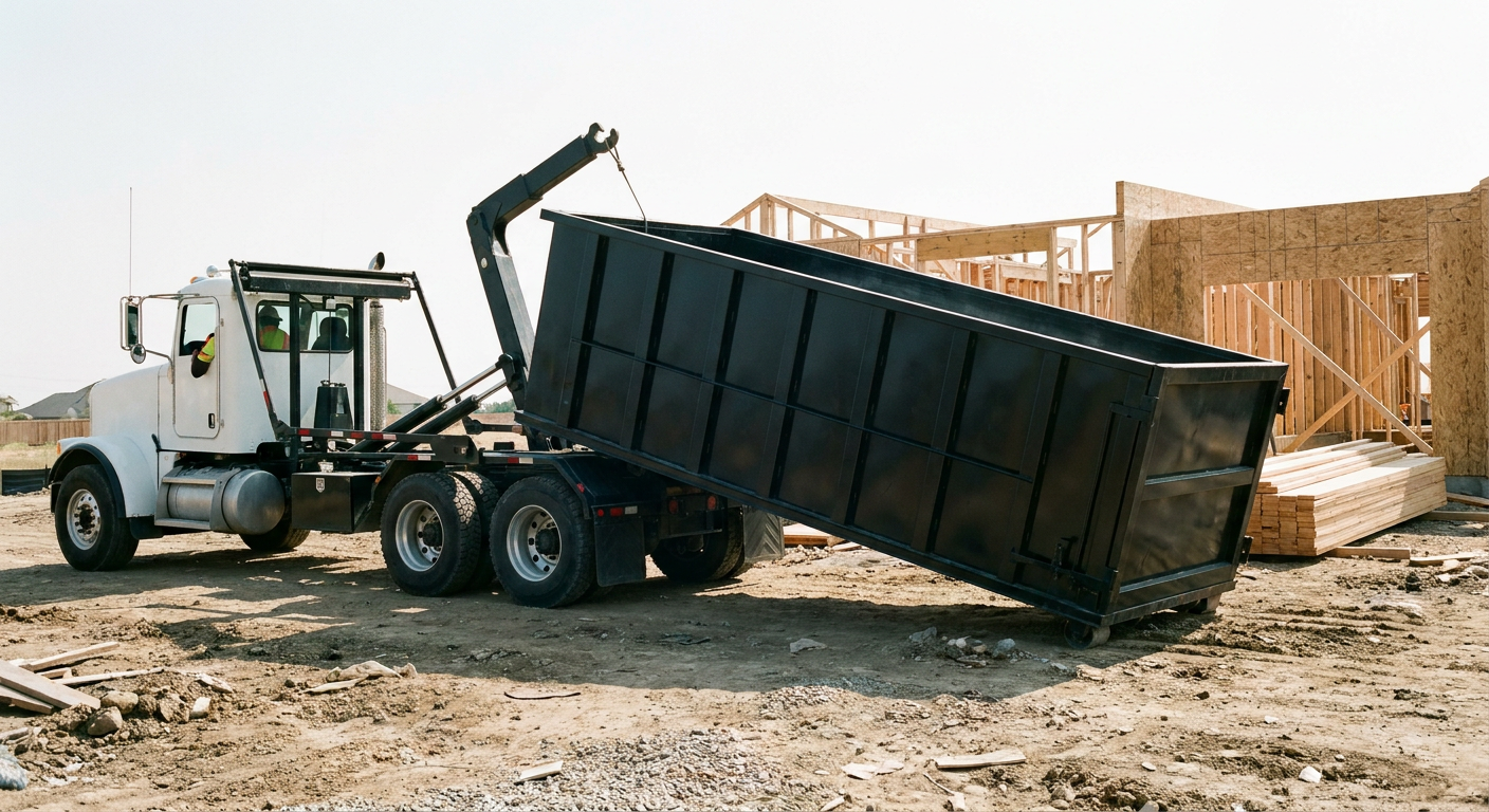 Matte-black roll-off dumpster being delivered onto a clean residential concrete driveway in Snoqualmie by an unmarked white hooklift hauler truck, bright morning daylight, documentary 35mm perspective.